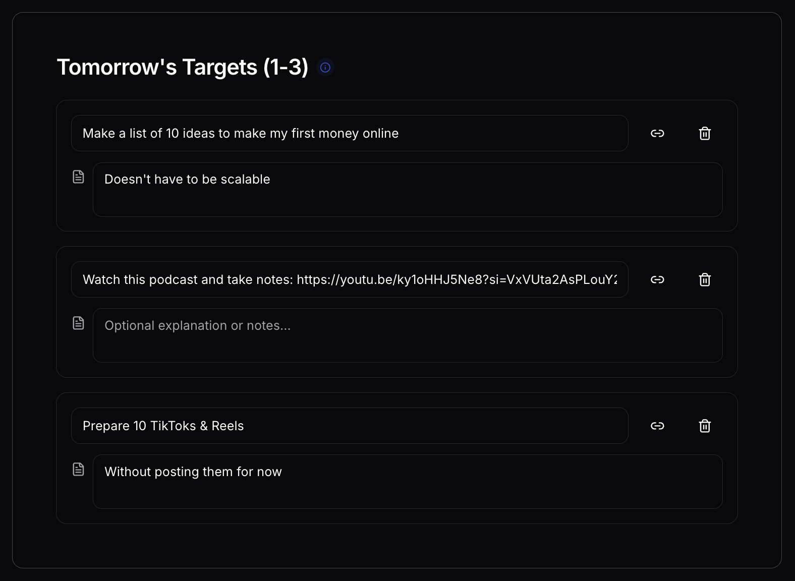 GritFlow next-day planning interface in dark mode where users set daily targets and organize priorities for the following day