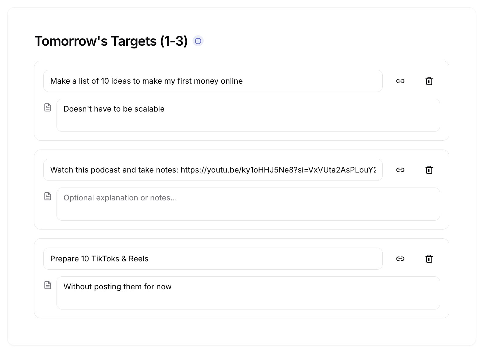 GritFlow next-day target planning feature in light mode allowing users to define daily goals and structure upcoming priorities