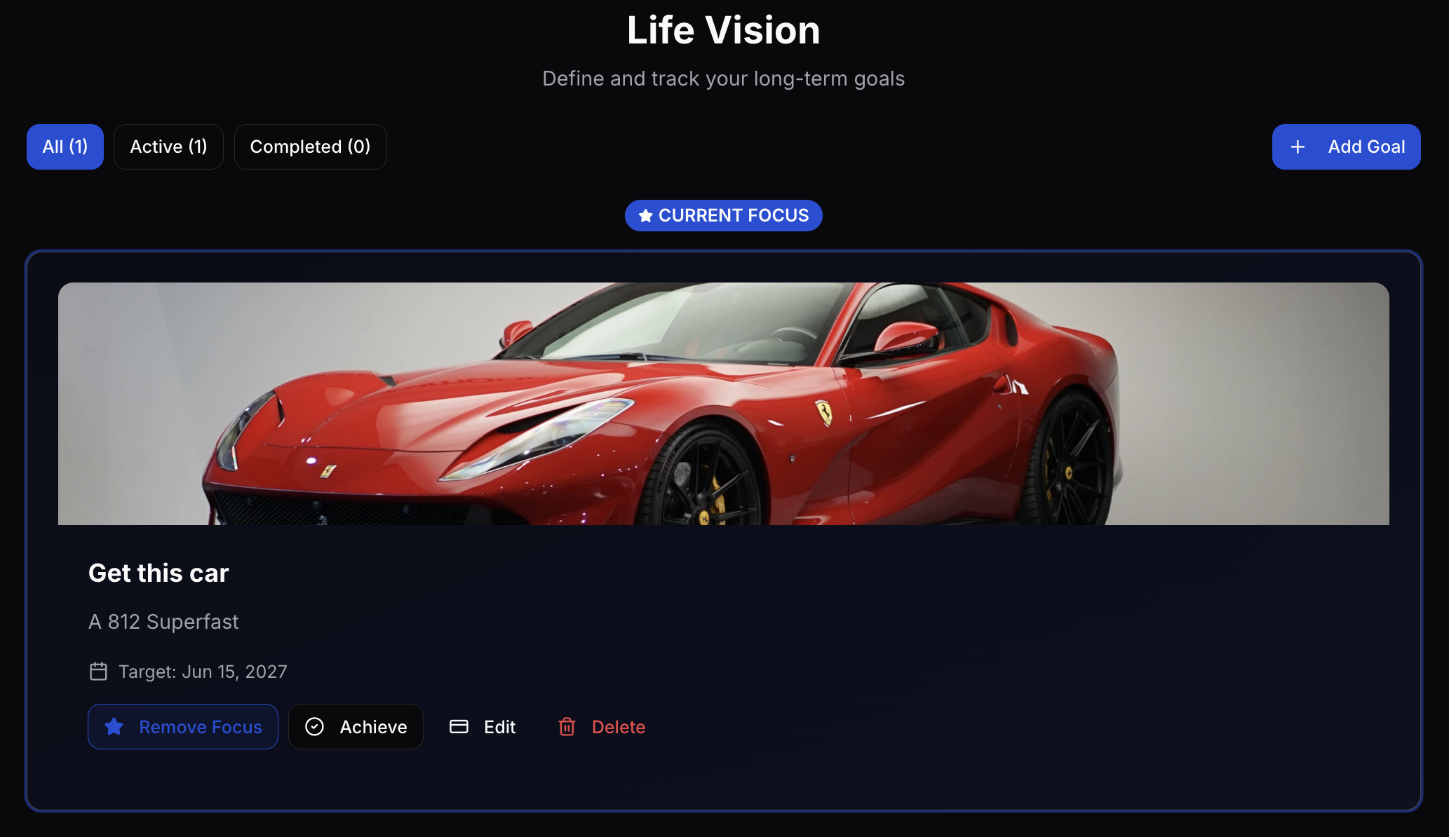 GritFlow life vision and goal board in dark mode displaying long-term objective with deadline and progress indicator on structured dark interface