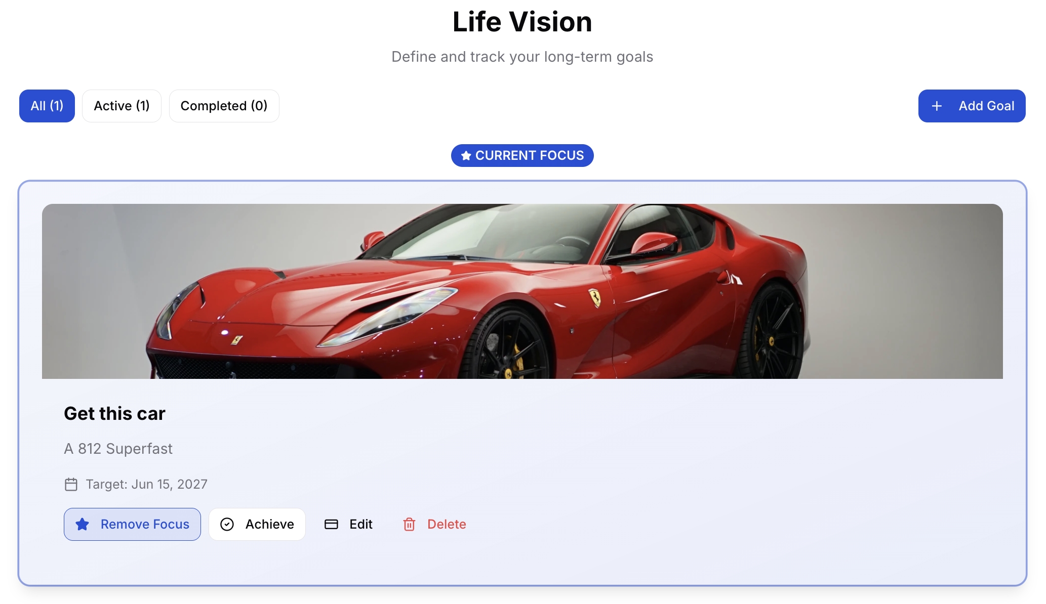GritFlow life vision board in light mode showing long-term goal with deadline and progress tracking to maintain focus and direction
